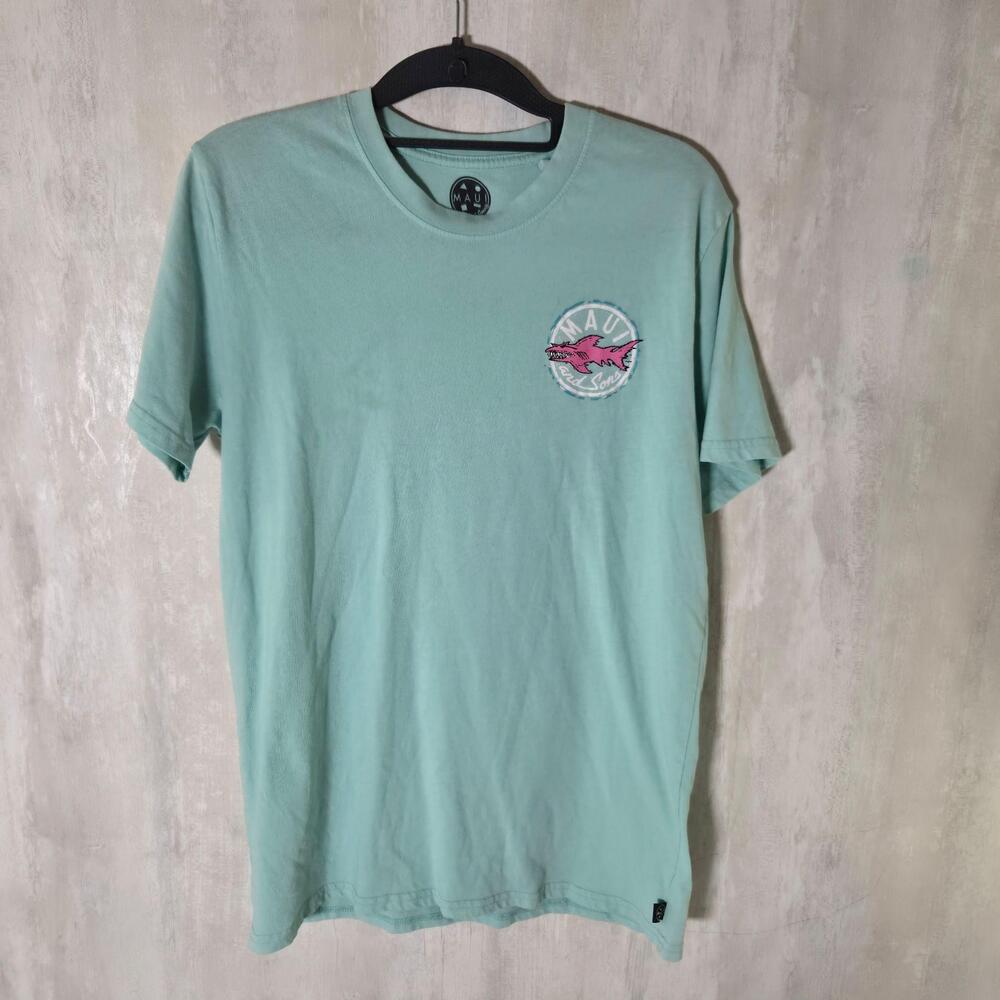 Maui And Sons Shirt Mens Medium Green Shark Logo Graphic Tee Surf Beach